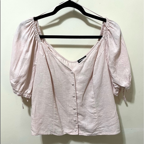 Express Linen Blend Puff Sleeve Blouse Top in Pale Pink Women’s Size XL - Picture 2 of 10